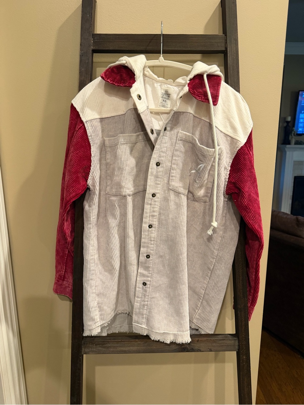 Corduroy Button-Down Hoodie Shirt - Cream & Red